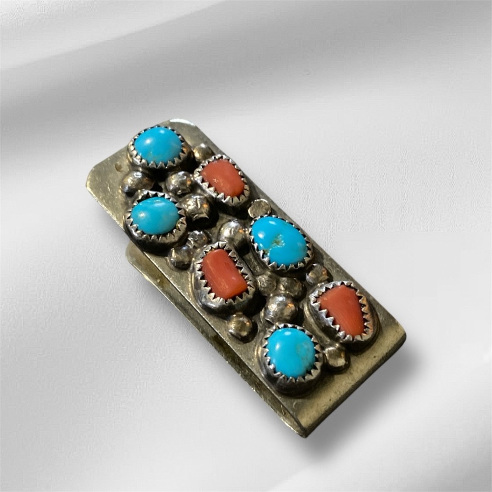Silver Money Clip with Turquoise and Coral Accents